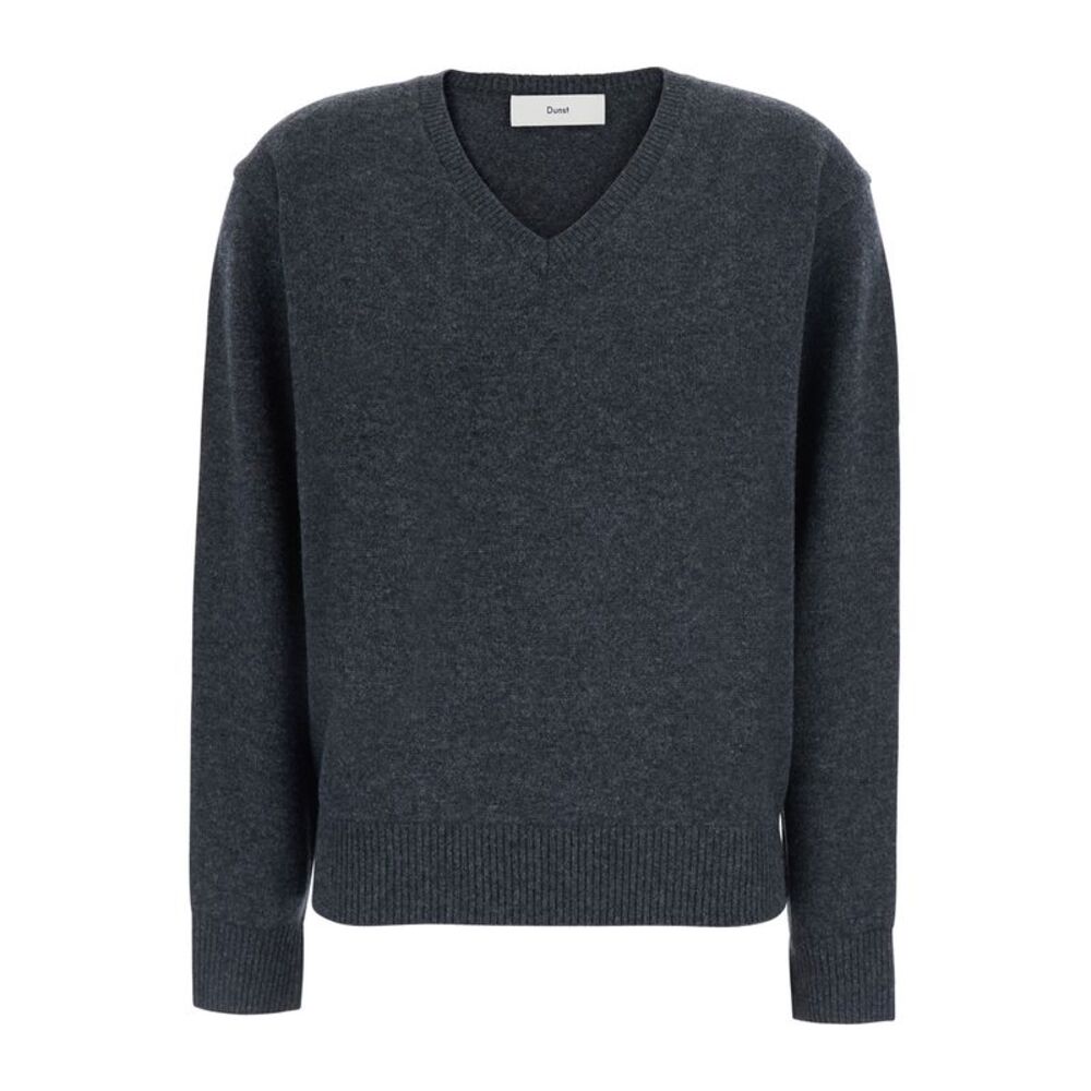 Dunst Women Grey V-Neck Sweater With Ribbed Trims In Wool And Cashmere For Women